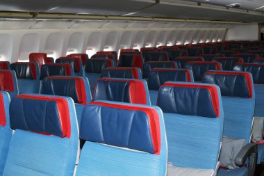 Borispol, Ukraine - April 10, 2018: TC-LJA Turkish Airlines Boeing 777-300ER economy class seats. Editorial use only clipart