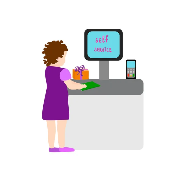 Little girl using self check out computer — Stock Vector