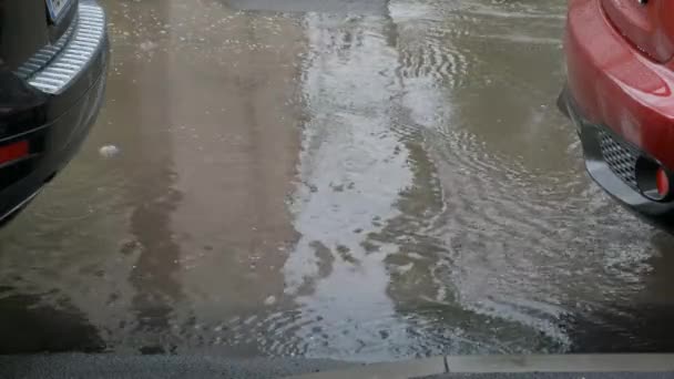 Wasser Fließt Nach Regen Starkem Bach Zwischen Autos — Stockvideo