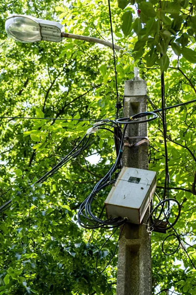 Faisceau Câbles Fibre Optique Pour Communication Pèse Sur Une Colonne — Photo