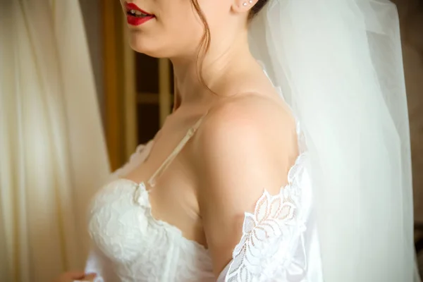 Sposa Lingerie Bianca Velo Durante Preparazione Mattino — Foto Stock