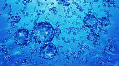 3 boyutlu su molekülleri ve kabarcıkları oluşturur. H2O