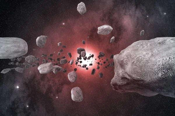Câmp de asteroizi în spațiul adânc, ilustrație 3D — Fotografie, imagine de stoc