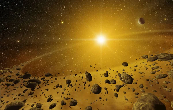 3dshining explosion and scattered rocks in the outer space — Stock Photo, Image