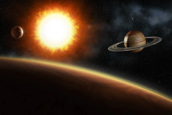 Glowing sun and solar system planets, 3d illustration — Stock Photo, Image