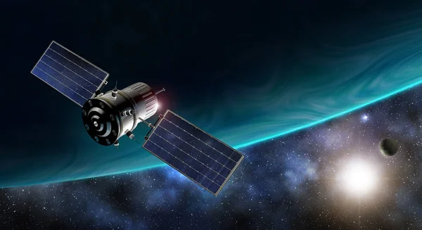 Ilustração 3d de satélite orbitando a terra — Fotografia de Stock