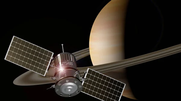 Spaceship orbiting the planet saturn, 3d illustration — Stock Photo, Image