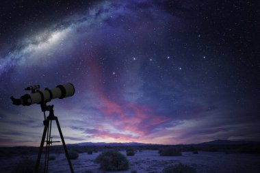telescope in the desert watching the Great Bear constellation and the milky way clipart