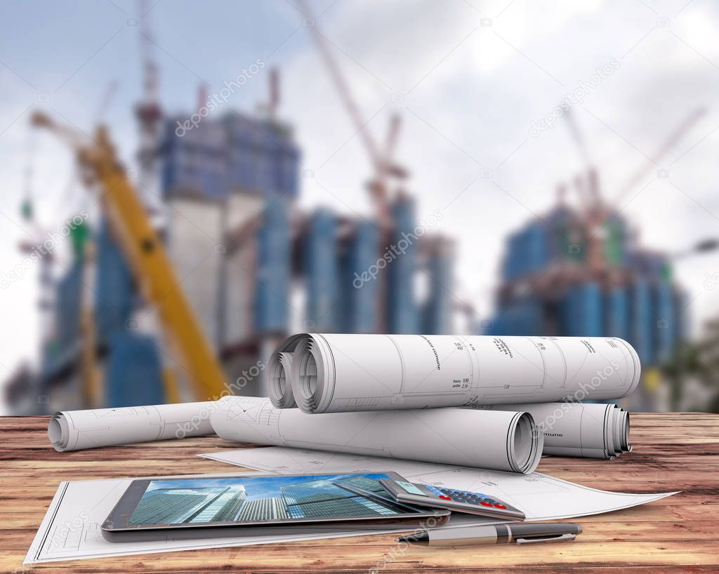 blueprints and tablet on office table in the construction site, 3d illustration