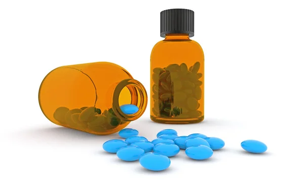 Pílulas azuis em garrafas de vidro marrom isolado em branco — Fotografia de Stock