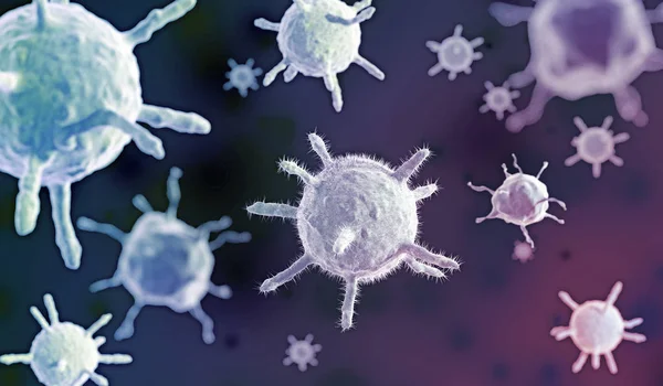 Células de vírus em fundo roxo escuro, ilustração 3D — Fotografia de Stock