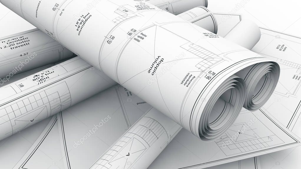 close up of construction plans, 3d illustration