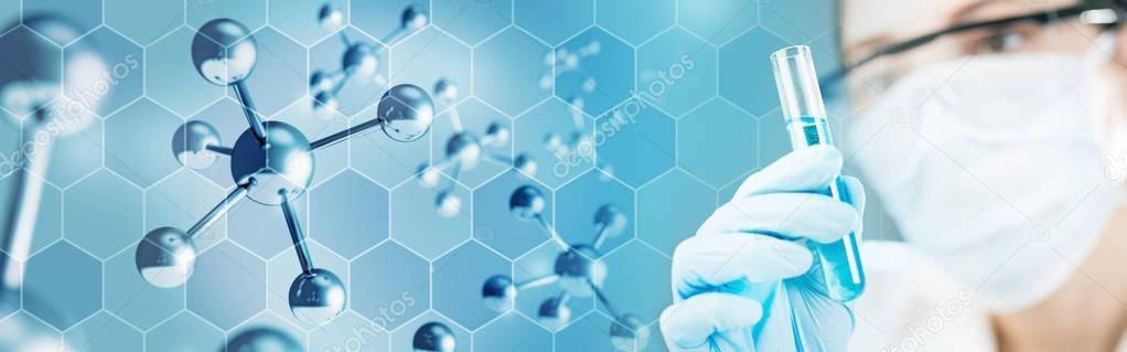 chemist holding a test-tube in molecular background, 3d illustration