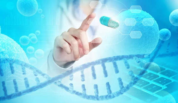 bilim adamı parmak işaret eden bir kapsül hologram, 3d çizim