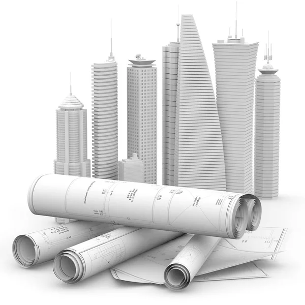 Blueprints and cityscape model isolated on white, 3d illustration — Stock Photo, Image