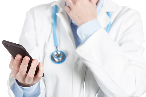 Female Doctor Using Cellphone Isolated White — Stock Photo, Image