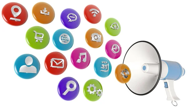 Colorful Web Icons Spilling Out Megaphone Illustration — Stock Photo, Image