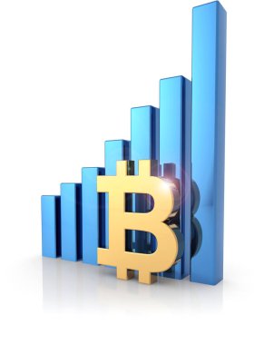 Altın bitcoin sembol ve çubuk grafik üzerinde beyaz, izole 3d çizim