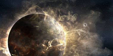 Dış gezegen kozmik bir bulut içinde 3d çizim sarılmış