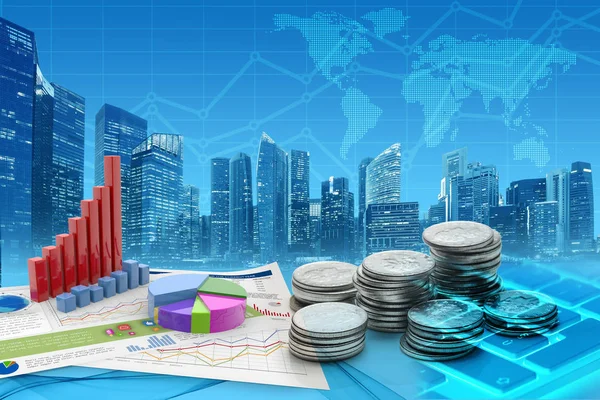 Coins Graphs Blue Cityscape Background Illustration — Stock Photo, Image