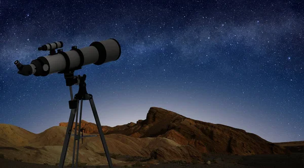 Telescopio Treppiede Che Punta Verso Cielo Stellato Notturno — Foto Stock