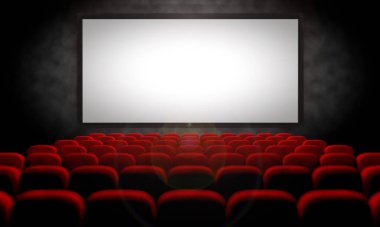beyaz ekran ve boş Sinema Salonu, 3d illüstrasyon kırmızı koltuk
