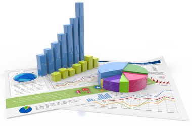 çubuk grafiği, pasta grafik ve diyagramlar üzerinde beyaz, izole 3d çizim