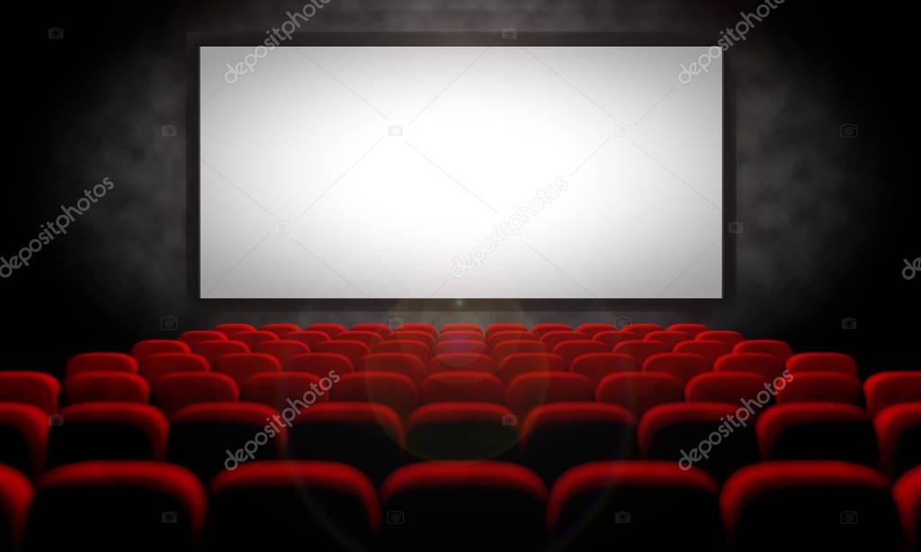 white screen and red seats in empty movie theater, 3d illustration
