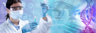 DNA sarmalı ve elinde bir test tüpü tutan bilim adamı, 3D çizim.