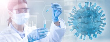 Viral mikroorganizma ve laboratuvar teknisyeni ellerinde test tüpü tutuyorlar.