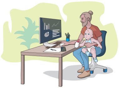 Baba bebeğini kucağında tutuyor ve bilgisayar üzerinde çalışıyor.