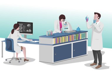 Laboratuvarda çalışan laboratuvar önlüğü giyen araştırmacılar, vektör çizimi.