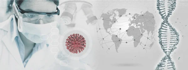 带防护面罩的科学家在抽象医学研究背景下对头孢病毒进行研究 3D说明 — 图库照片