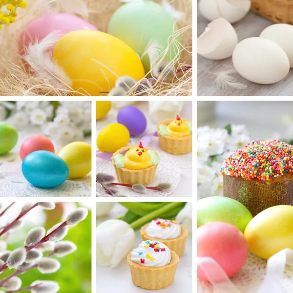 Collage con pastel de Pascua y huevos de Pascua — Foto de Stock