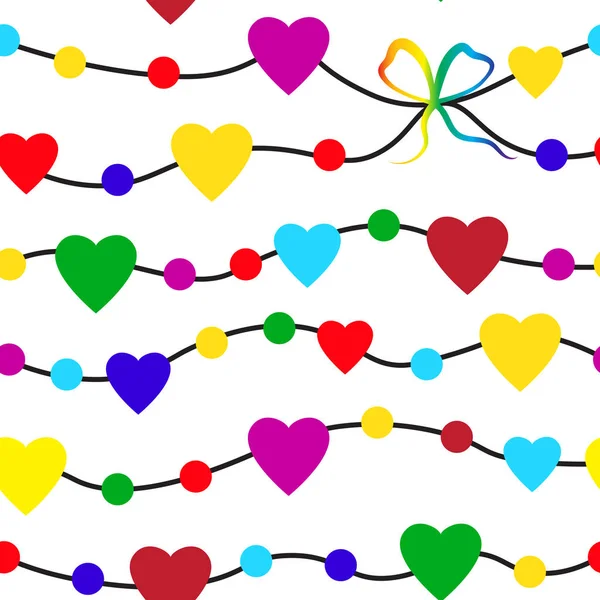 Regenbogennahtloses Muster mit Valentinsherzen auf weißem Hintergrund — Stockvektor