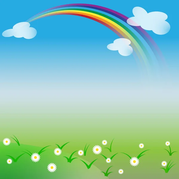 Natürlicher Hintergrund mit Regenbogen und Gänseblümchen im Frühling oder Sommer — Stockvektor