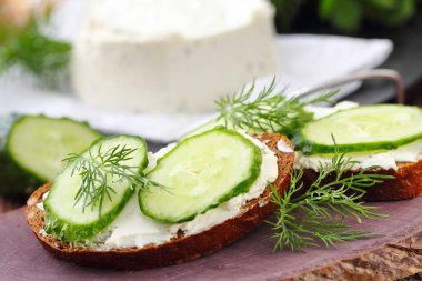 Sandviç peyniri, salatalık ve yeşillik ile