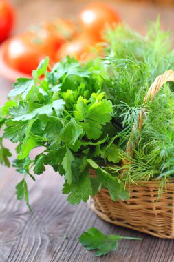 Salata için malzemeler. Taze yeşillik ve sebze