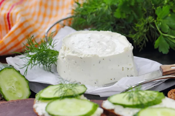 Finom lágy sajt, zöldséggel — Stock Fotó