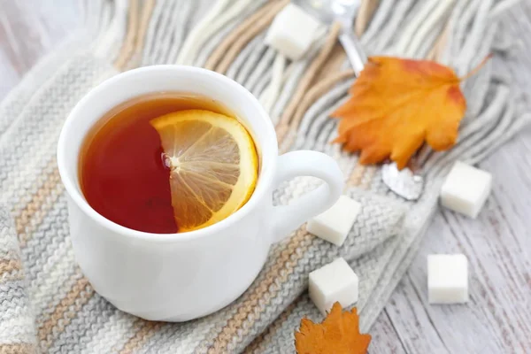 Taza de té caliente con limón y bufanda de lana — Foto de Stock