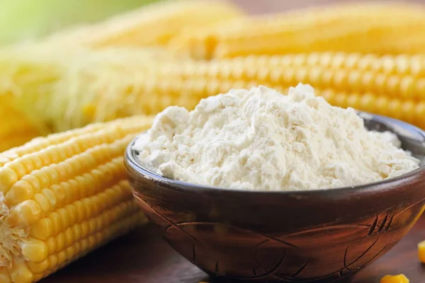 Corn flour and corn cob on the table — Stock Photo, Image