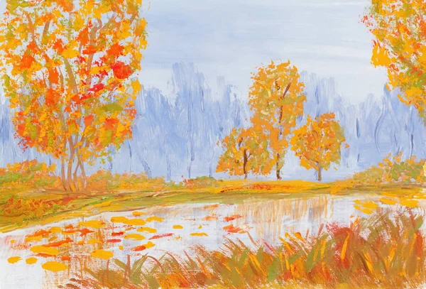 Akwarela krajobraz. Jesień las nad rzeką. — Zdjęcie stockowe