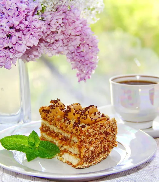 Delicioso pastel con crema, caramelo, nueces y chocolate — Foto de Stock