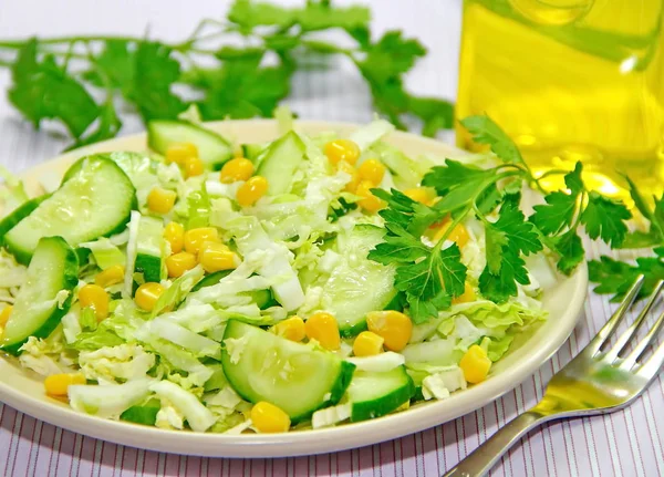 混合沙拉与新鲜蔬菜在盘子 — 图库照片