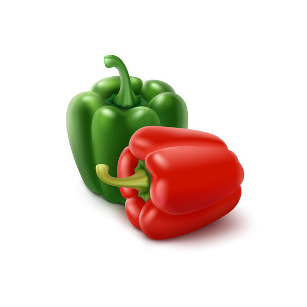 Two Vector Colored Green and Red Sweet Bulgarian Bell Peppers, Paprika Isolated on Background
