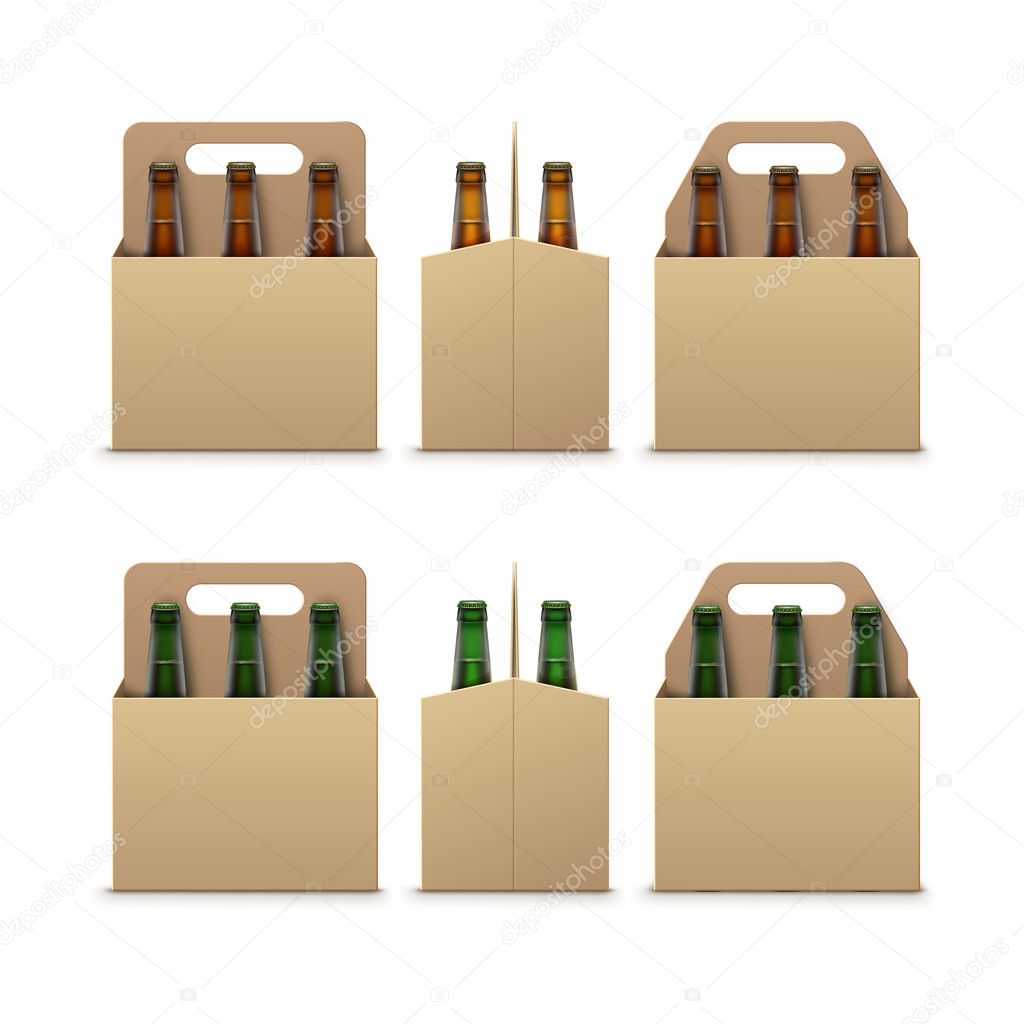 Brown Green Bottles of Light Dark Beer with Carton Packaging