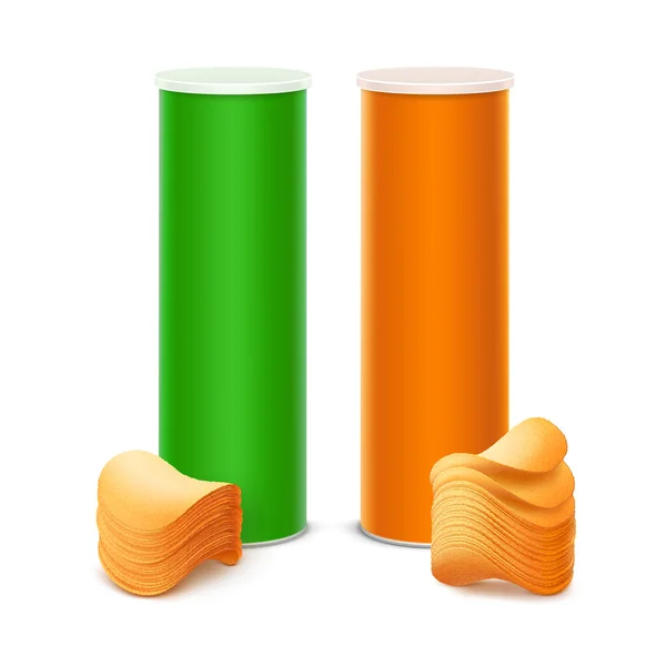 Ensemble de tube orange vert avec des chips de pommes de terre empilées isolées — Image vectorielle