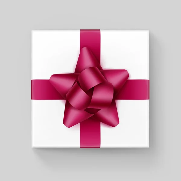 Weiße quadratische Geschenkschachtel mit weinroter Schleife auf Hintergrund — Stockvektor