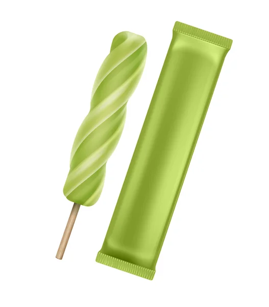 Grön Kiwi Spiral Popsicle Lollipop is på pinne med folie — Stock vektor