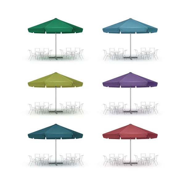 Vector Set of Colored Blue Green Purpule Blank Patio Outdoor Market Beach Cafe Bar Pub Restaurant Round Umbrella Parasol  for Branding  Front Side View Mock up Close up Isolated on White Background — Stock Vector